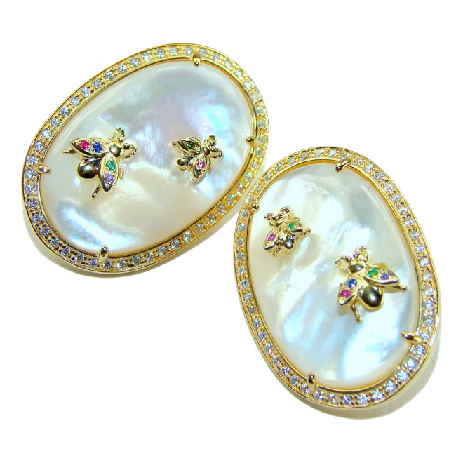 Genuine Blister Pearl lab grown Diamond 18K Gold over .925 Sterling Silver handcrafted Large Statement Earrings