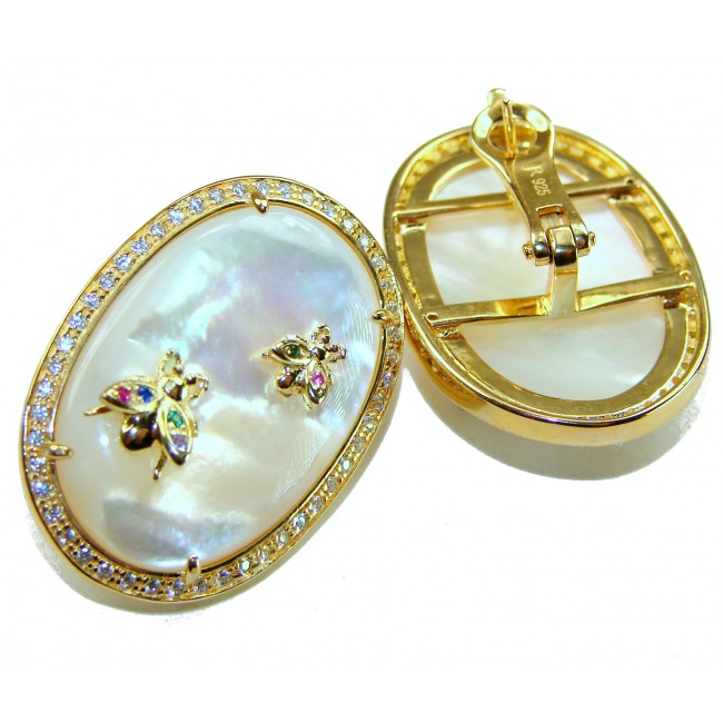 Genuine Blister Pearl lab grown Diamond 18K Gold over .925 Sterling Silver handcrafted Large Statement Earrings