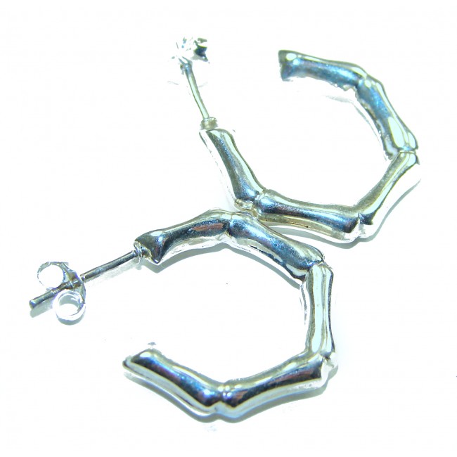 Bamboo Textured Hoop Italy made .925 Sterling Silver Earrings - photo 2