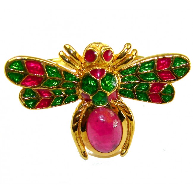 Lucky Bee Enamel 2.2 CARAT Ruby 18K Gold over .925 Sterling Silver Huge handcrafted Ring s. 7 - Gold and enamel bee ring with ruby, front view.