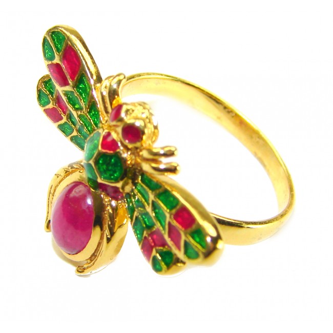 Lucky Bee Enamel 2.2 CARAT Ruby 18K Gold over .925 Sterling Silver Huge handcrafted Ring s. 7 - Bee ring with red and green enamel, side view, ruby stone close-up.