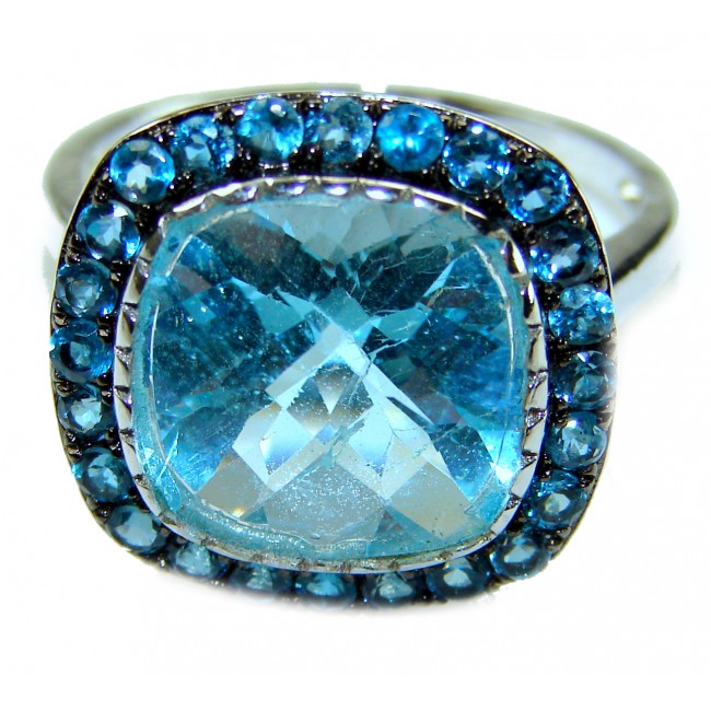 Gabriella 10.2 carat authentic assher cut Swiss Blue Topaz .925 Sterling Silver handcrafted Statement Ring size 9 - photo 3
