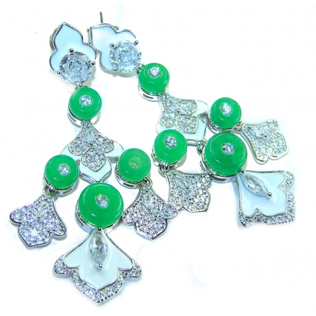 Art Deco - 8.8 carat Jade White enamel .925 Sterling Silver handmade Statement LONG Earrings