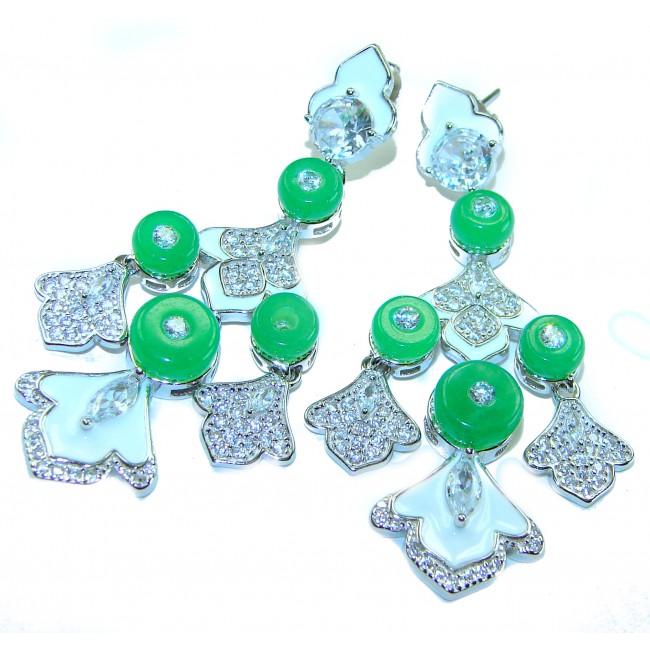 Art Deco - 8.8 carat Jade White enamel .925 Sterling Silver handmade Statement LONG Earrings