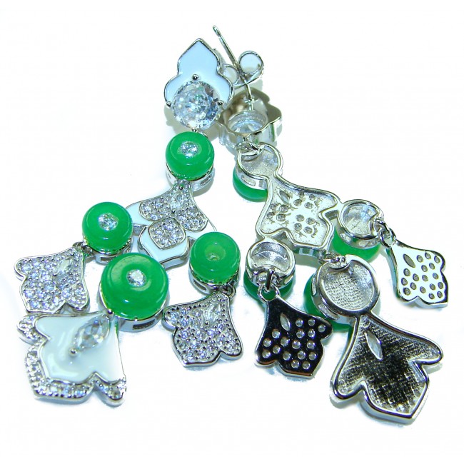 Art Deco - 8.8 carat Jade White enamel .925 Sterling Silver handmade Statement LONG Earrings