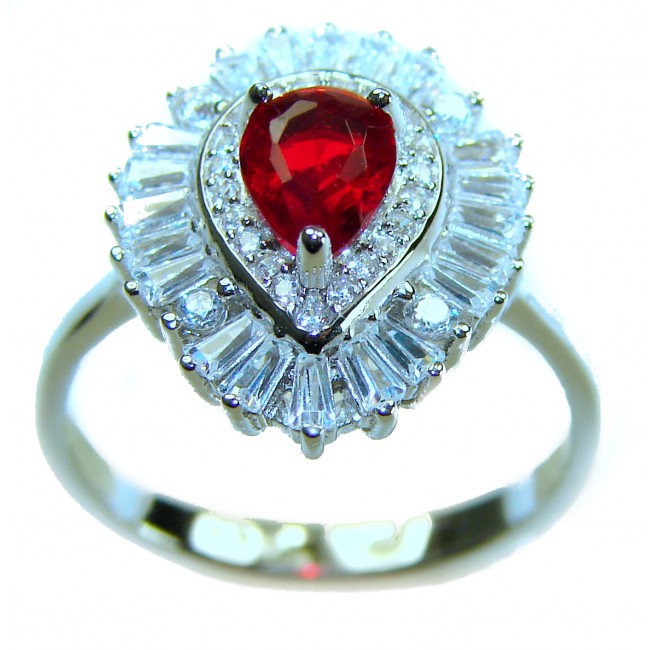 Real Beauty Natural 3.9 carat Ruby .925 Sterling Silver handmade Statement Ring size 8 - Ruby ring with diamond halo, close-up view, sterling silver band.