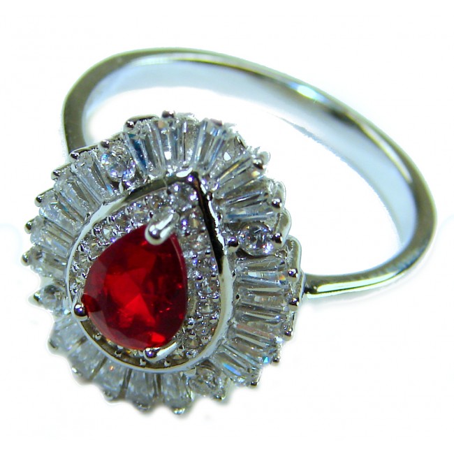 Real Beauty Natural 3.9 carat Ruby .925 Sterling Silver handmade Statement Ring size 8 - Close-up of 3.9 carat ruby ring with diamond halo in sterling silver.