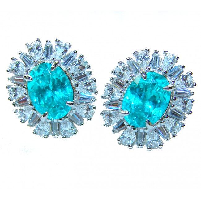 Royalty oval cut 4.2 carat Paraiba Tourmaline .925 Sterling Silver entirely handmade earrings
