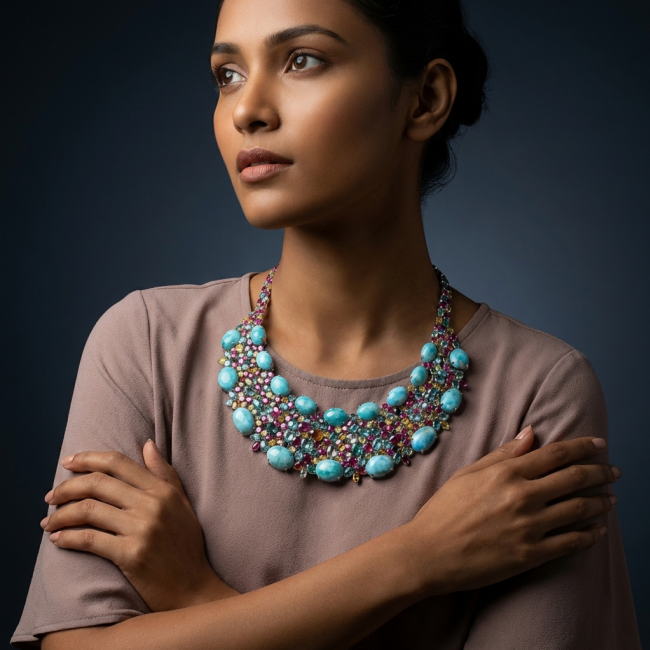 Luna 255.3 carat authentic Larimar From Dominican Republic .925 Sterling Silver handcrafted MASSIVE STATEMENT Necklace - Model wearing Luna 255.3 carat Larimar necklace, front view.