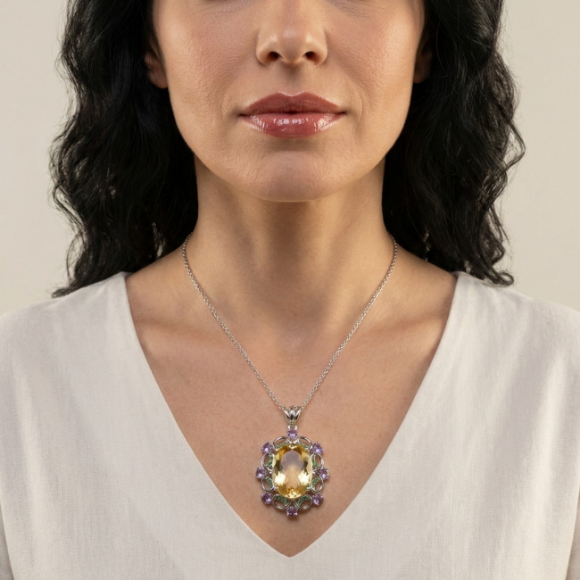 Luxurious Oval cut 32.3 carat Brazilian Citrine rhodium over .925 Sterling Silver handcrafted LARGE pendant