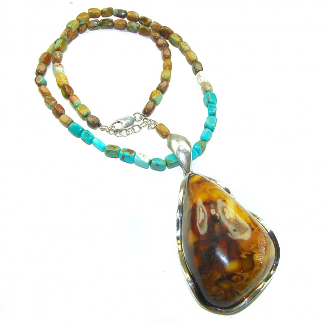 Rare!- vintage Style- natural Baltic Amber genuine Turquoise .925 Sterling Silver handcrafted necklace