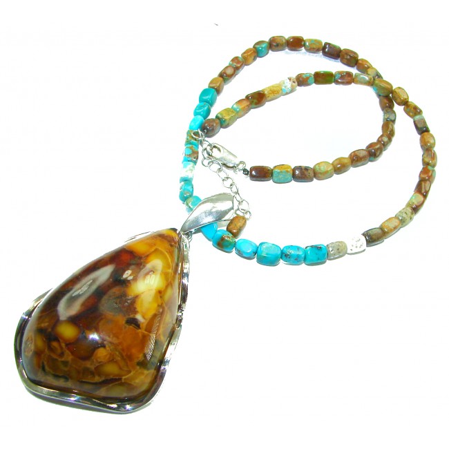 Rare!- vintage Style- natural Baltic Amber genuine Turquoise .925 Sterling Silver handcrafted necklace