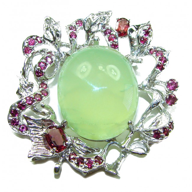 Royal quality genuine 32.5 carat Prehnite from South Africa rhodium over .925 Sterling Silver handcrafted Pendant Brooch