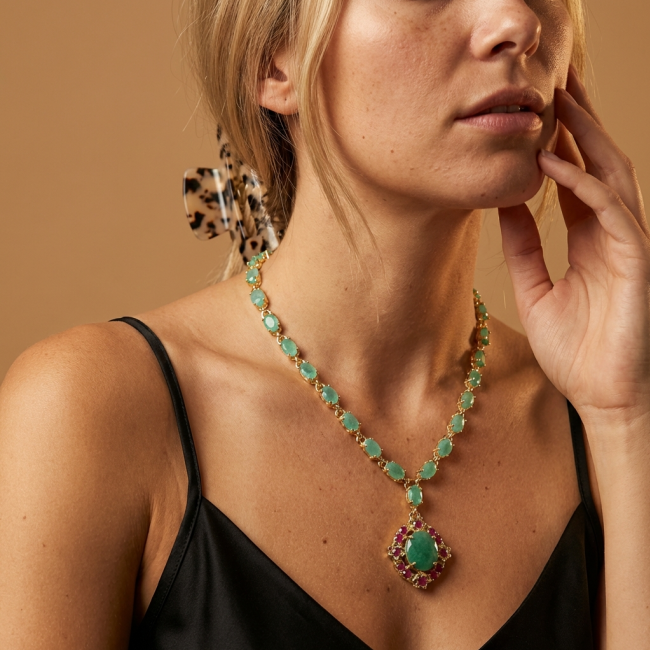 Sofia 32.2 carat authentic Colombian Emerald 18K Gold over .925 Sterling Silver handcrafted Statement necklace