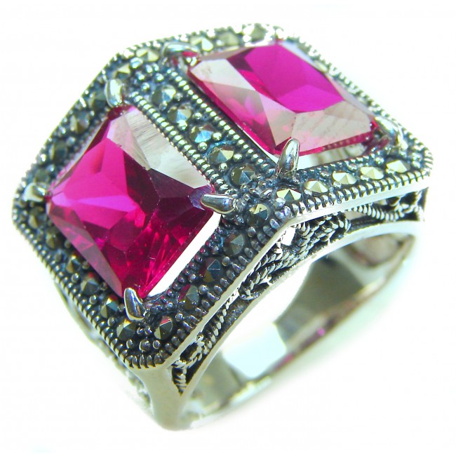 Two Lovers Natural 18.4 carat Ruby .925 Sterling Silver handmade Large Statement Ring size 7 - Close-up of ruby ring in sterling silver with intricate detailing.