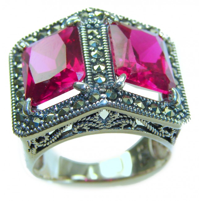 Two Lovers Natural 18.4 carat Ruby .925 Sterling Silver handmade Large Statement Ring size 7 - Ruby ring in .925 silver, top view showing detailed setting.