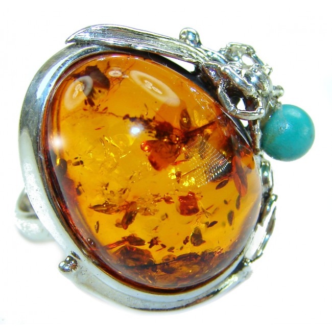 Blue Spider - Natural Baltic Amber Turquoise .925 Sterling Silver handcrafted ring; s. 7 adjustable