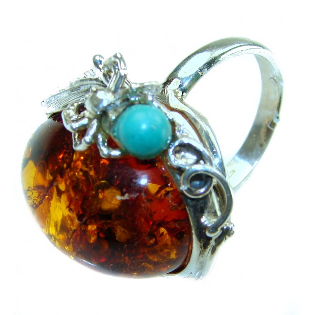 Blue Spider - Natural Baltic Amber Turquoise .925 Sterling Silver handcrafted ring; s. 7 adjustable