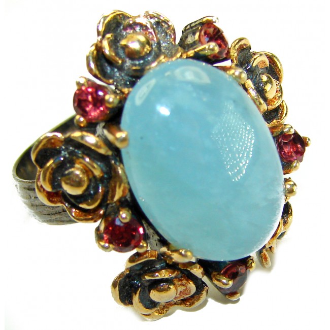 Golden Roses 14.9 carat authentic Aquamarine .925 Sterling Silver dipped in Black Rhodium Handcrafted Ring size 8 adjustable