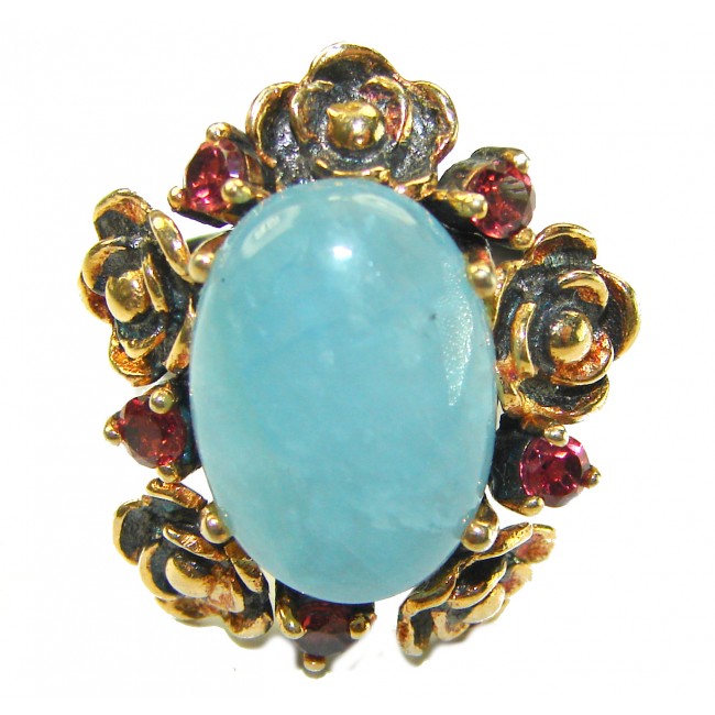 Golden Roses 14.9 carat authentic Aquamarine .925 Sterling Silver dipped in Black Rhodium Handcrafted Ring size 8 adjustable