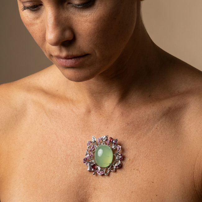 Royal quality genuine 32.5 carat Prehnite from South Africa rhodium over .925 Sterling Silver handcrafted Pendant Brooch