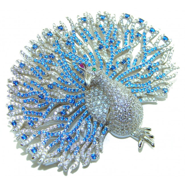 Blue Peacock - Vintage Design - Genuine 10.5 carat Sapphire 1.2 carat Diamond 14k White Gold over .925 Sterling Silver handmade Pendant Brooch