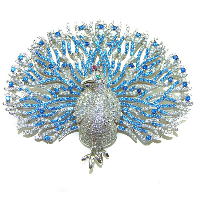 Blue Peacock - Vintage Design - Genuine 10.5 carat Sapphire 1.2 carat Diamond 14k White Gold over .925 Sterling Silver handmade Pendant Brooch