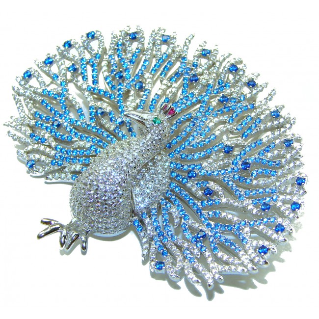 Blue Peacock - Vintage Design - Genuine 10.5 carat Sapphire 1.2 carat Diamond 14k White Gold over .925 Sterling Silver handmade Pendant Brooch