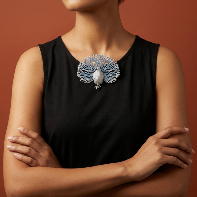 Blue Peacock - Vintage Design - Genuine 10.5 carat Sapphire 1.2 carat Diamond 14k White Gold over .925 Sterling Silver handmade Pendant Brooch