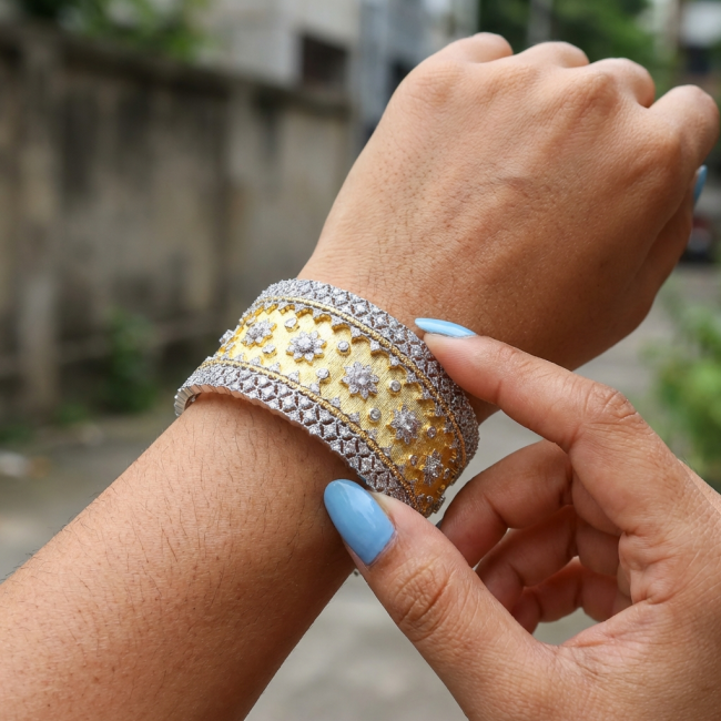 Byzantine design Authentic White Topaz 18K Gold over .925 Sterling Silver handcrafted Bracelet / Cuff