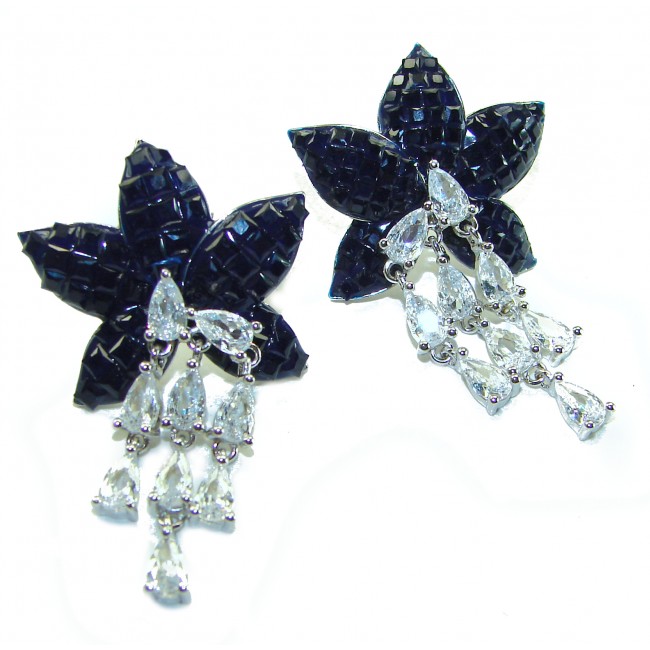 Magnificent Jewel 15.5 carat Sapphire .925 Sterling Silver handcrafted incredible earrings - Front view of sapphire and sterling silver earrings with teardrop stones.