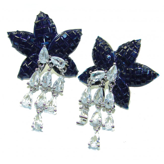 Magnificent Jewel 15.5 carat Sapphire .925 Sterling Silver handcrafted incredible earrings - Front view of sapphire and sterling silver earrings with tear-drop crystals