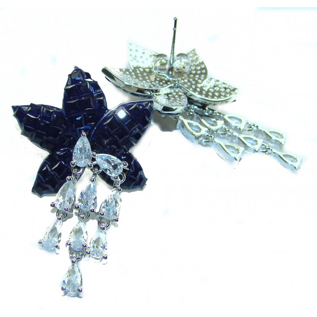 Magnificent Jewel 15.5 carat Sapphire .925 Sterling Silver handcrafted incredible earrings - Front view of sapphire earrings with dangling gemstones.