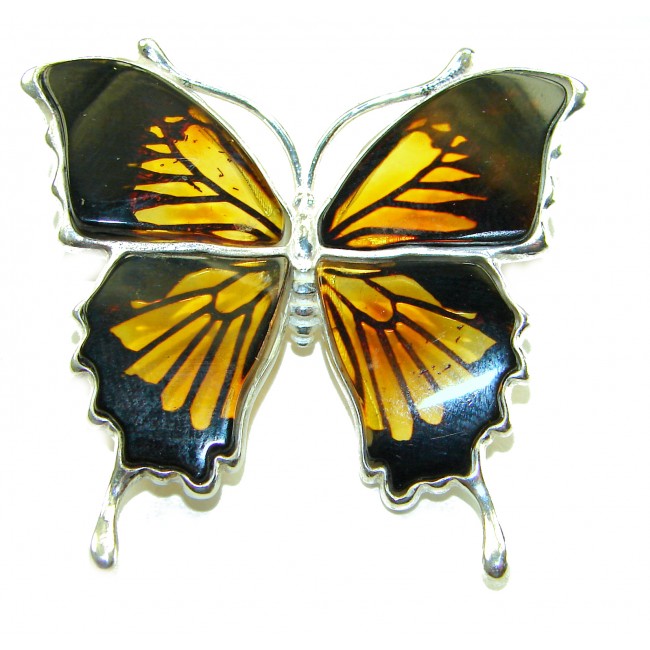 Large Golden Butterfly carved Baltic Polish Amber .925 Sterling Silver handcrafted Pendant / Brooch