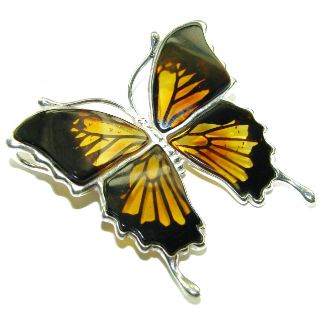 Large Golden Butterfly carved Baltic Polish Amber .925 Sterling Silver handcrafted Pendant / Brooch