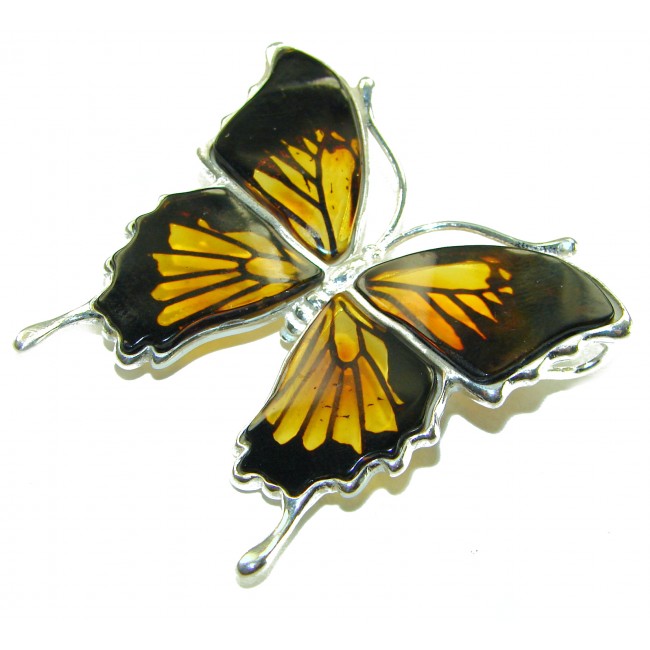 Large Golden Butterfly carved Baltic Polish Amber .925 Sterling Silver handcrafted Pendant / Brooch