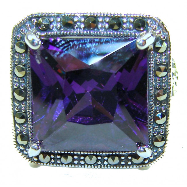 Purple King cushion cut 25.2 carat Amethyst .925 Sterling Silver Handcrafted Large Ring size 8