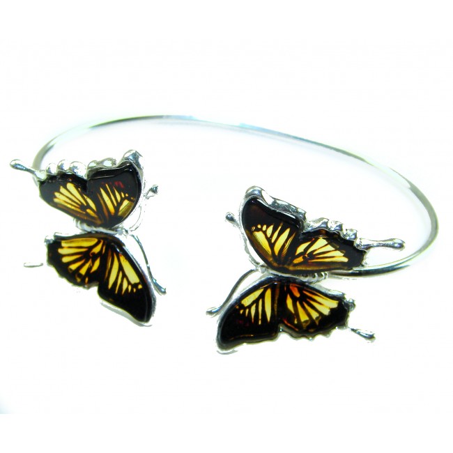 Golden Butterfly Genuine carved Baltic Amber .925 Sterling Silver handamde Bracelet