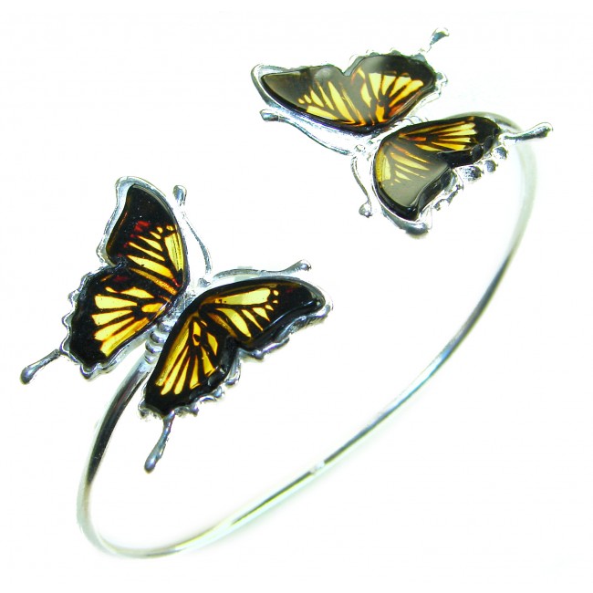 Golden Butterfly Genuine carved Baltic Amber .925 Sterling Silver handamde Bracelet
