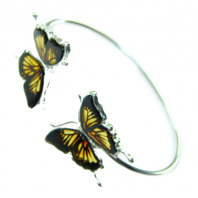 Golden Butterfly Genuine carved Baltic Amber .925 Sterling Silver handamde Bracelet