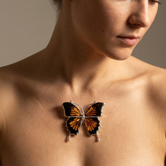 Large Golden Butterfly carved Baltic Polish Amber .925 Sterling Silver handcrafted Pendant / Brooch