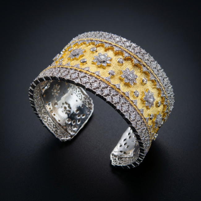 Byzantine design Authentic White Topaz 18K Gold over .925 Sterling Silver handcrafted Bracelet / Cuff