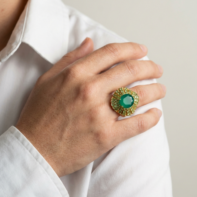 Elizabeth 4 Prong oval cut 5.9 carat Colombian Emerald .925 Sterling Silver dipped in 22K GOLD handcrafted Ring size 7