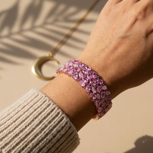 Luxurious 85.4 carat Pink Sapphire 22K real Gold over .925 Sterling Silver handcrafted Bracelet