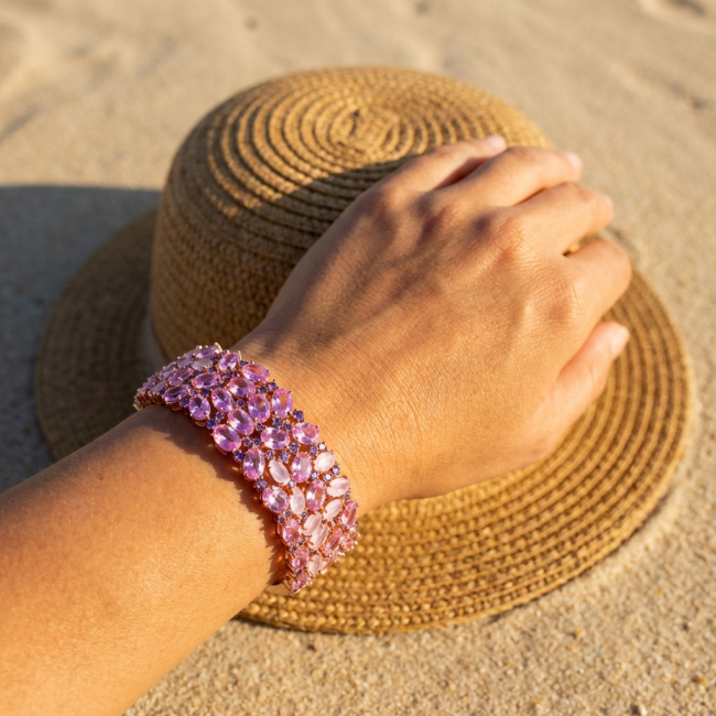 Luxurious 85.4 carat Pink Sapphire 22K real Gold over .925 Sterling Silver handcrafted Bracelet