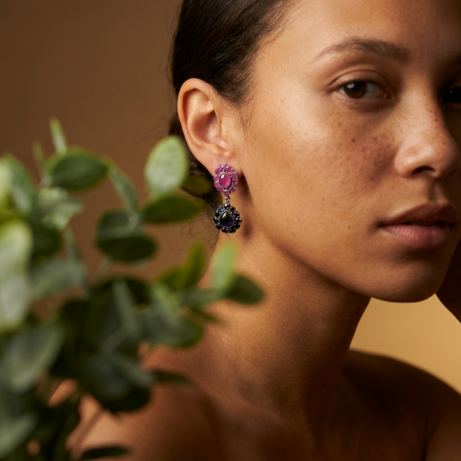 Giovanna - Very Unique - 29.5 carat Sapphire Ruby .925 Sterling Silver dipped in rhodium handcrafted earrings - Worn on ear, side view showcasing sapphire and ruby earrings