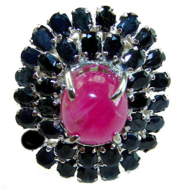 Bella Rosa Genuine 26.2 CARAT Ruby Sapphire .925 Sterling Silver Large Statement Ring size 7 - Close-up of Bella Rosa ruby and sapphire ring in sterling silver.