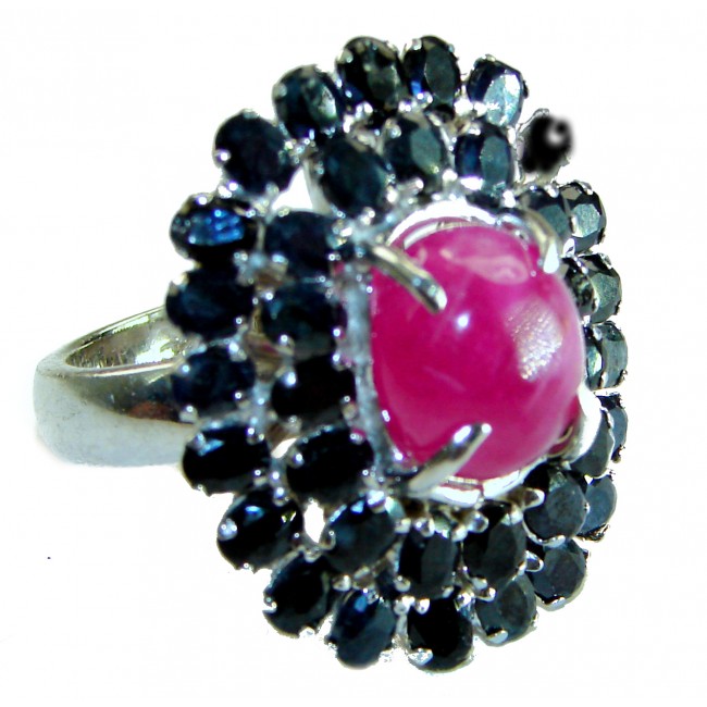 Bella Rosa Genuine 26.2 CARAT Ruby Sapphire .925 Sterling Silver Large Statement Ring size 7 - Close-up of Bella Rosa ruby and sapphire ring in sterling silver.