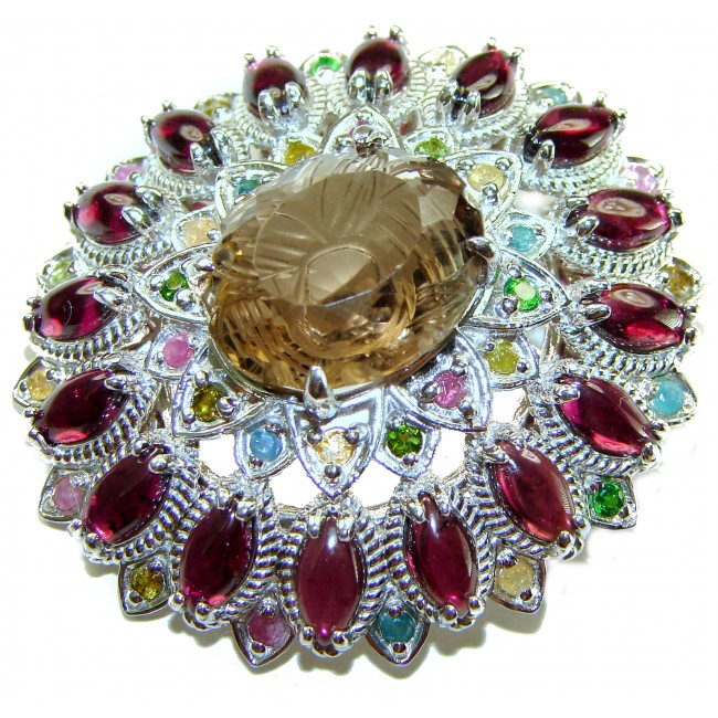 Authentic 45.5 carat carved Smoky Topaz Garnet .925 Sterling Silver handmade Statement Pendant and Brooch
