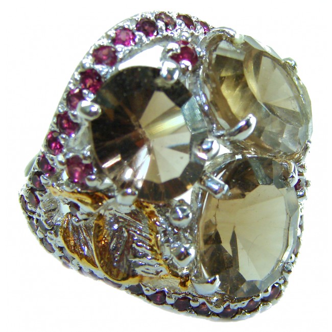 Celestial peace 27.5 carat Champagne Smoky Topaz Ruby .925 Sterling Silver HUGE Ring size 8 - photo 3